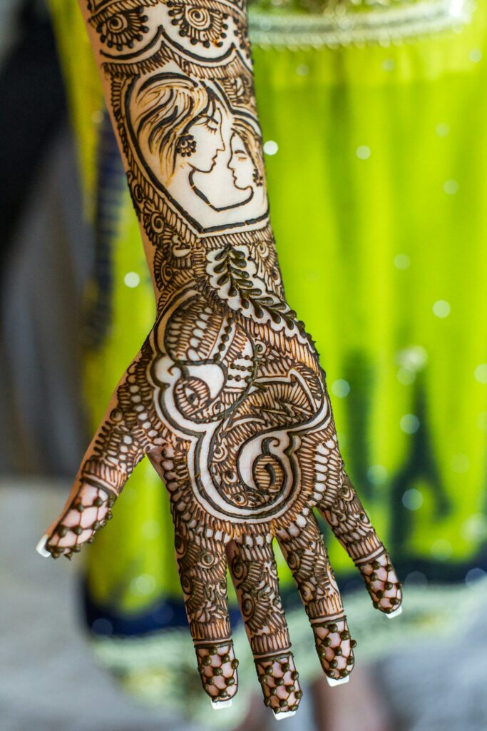 Arabic style henna covering the back of the hand and wrist