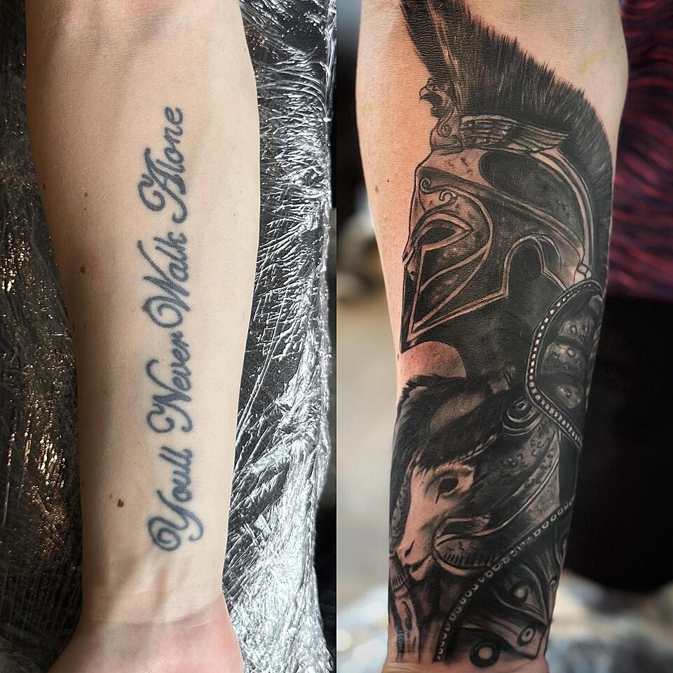 Before and after: script tattoo covered by a black and grey Bellerophon forearm piece