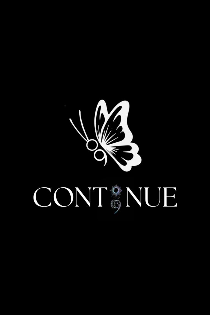 Butterfly semicolon tattoo design with the word continue