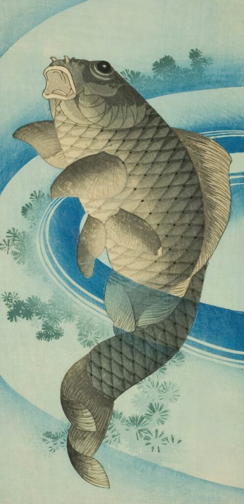 Japanese print of a carp swimming upstream
