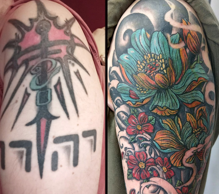 Color lotus cover up tattoo shown before and after