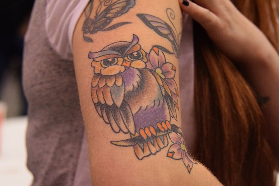 Colorful illustrative owl tattoo on the upper arm