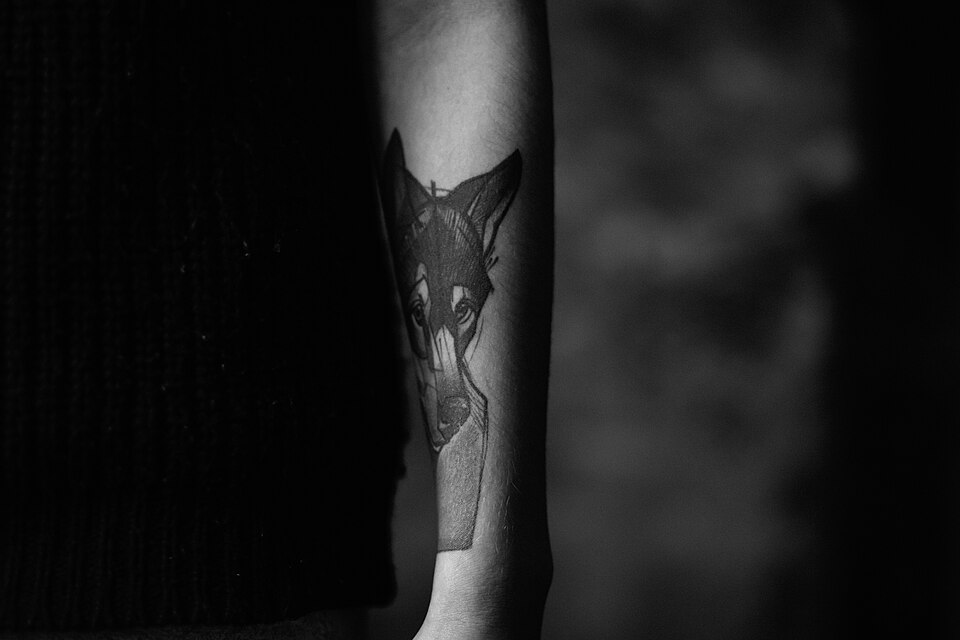 Geometric wolf head forearm tattoo in black and grey