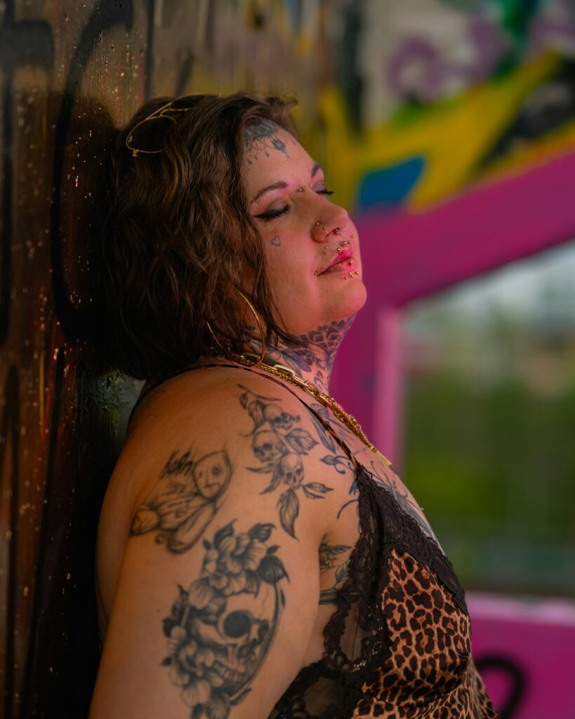 Floral tattoos on a woman's shoulder and arm