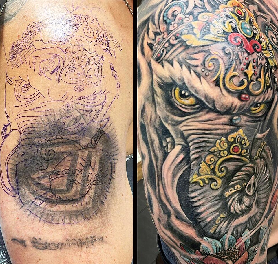Before and after Ganesha cover up tattoo
