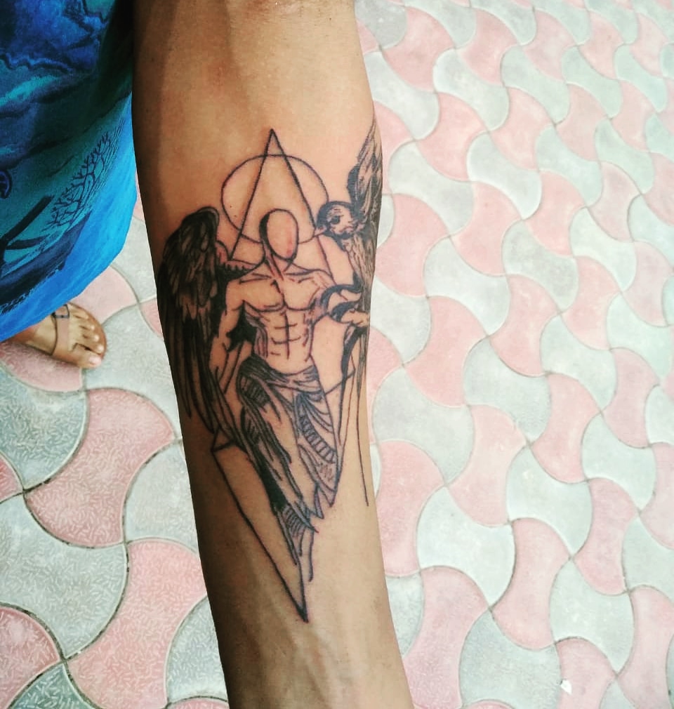 Geometric eagle tattoo made of lines and shapes