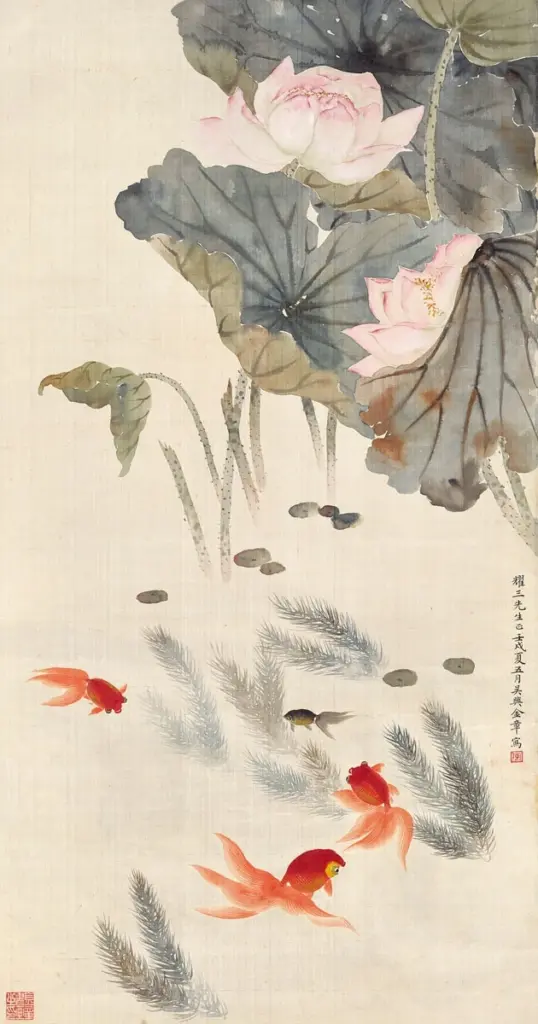 Chinese painting of goldfish in a lotus pond by Jin Zhang, 1922