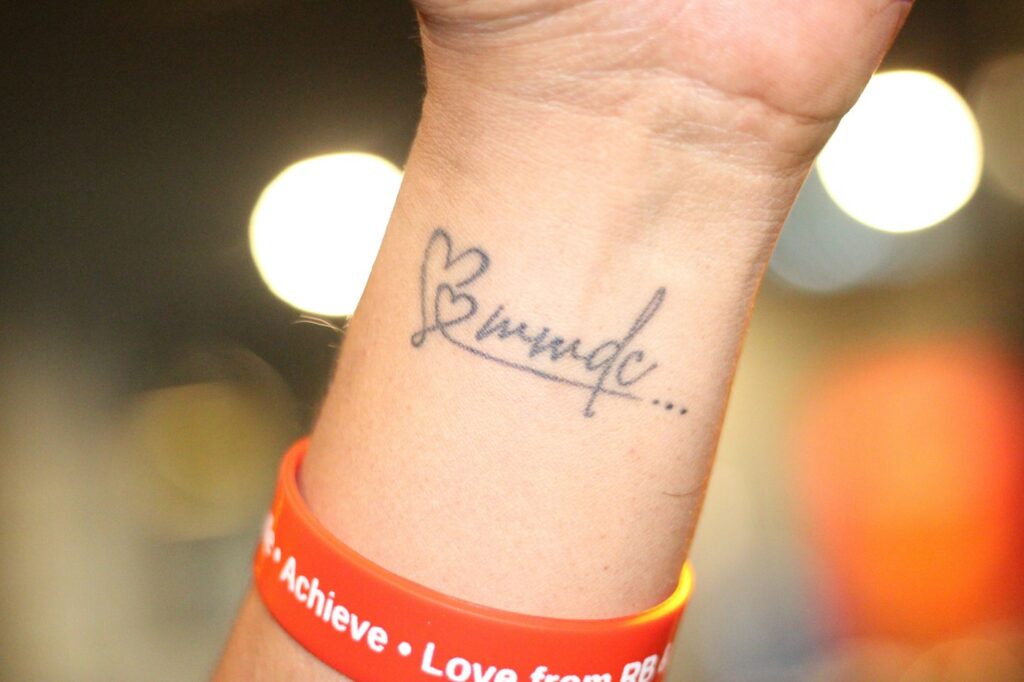 Heart and initials script tattoo on the wrist