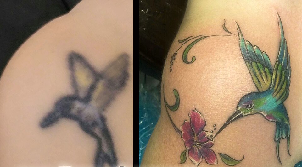 Before and after hummingbird and flower cover up tattoo