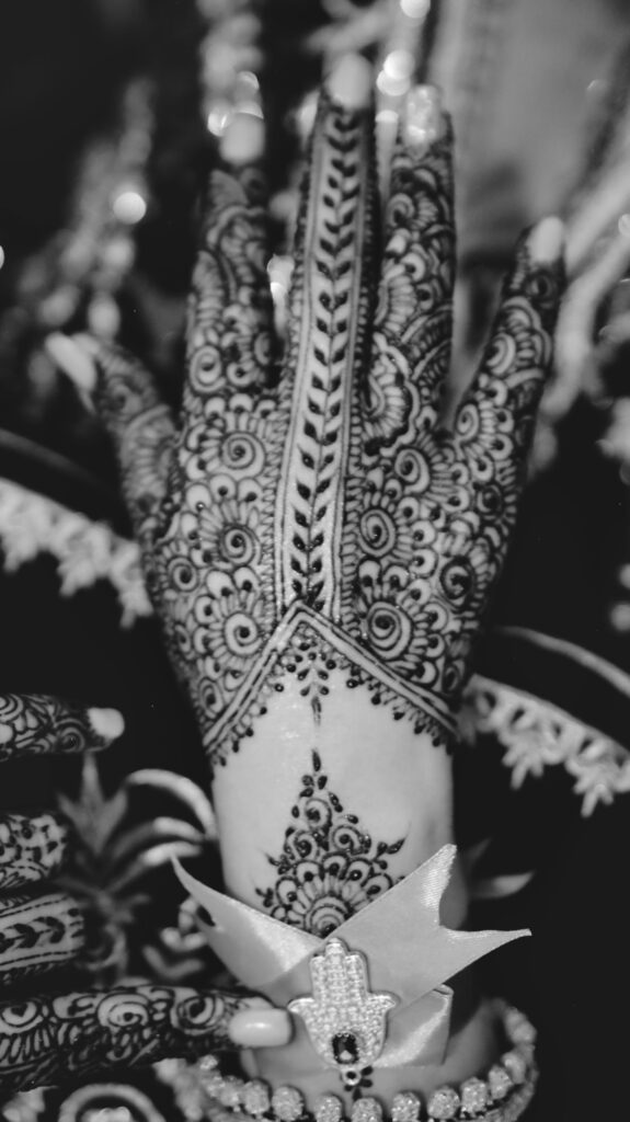 Intricate henna on the back of the hand in black and white