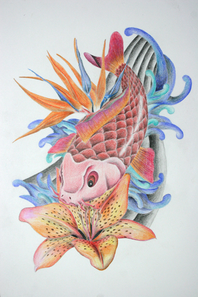 Japanese style koi tattoo flash with flowers and waves
