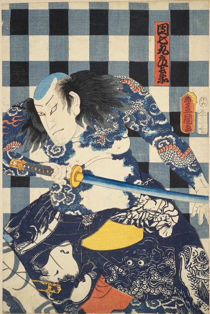 Japanese tattoo ideas: ukiyo-e woodblock print of tattooed heroes by Utagawa Kunisada