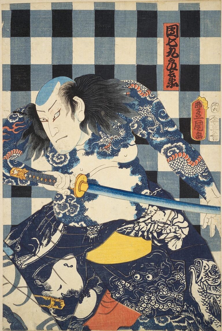 Japanese tattoo ideas: ukiyo-e woodblock print of tattooed heroes by Utagawa Kunisada