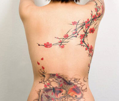 Koi and cherry blossom back tattoo by Joey Pang