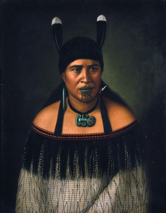Portrait of a Maori woman wearing a shark tooth ear pendant by Gottfried Lindauer