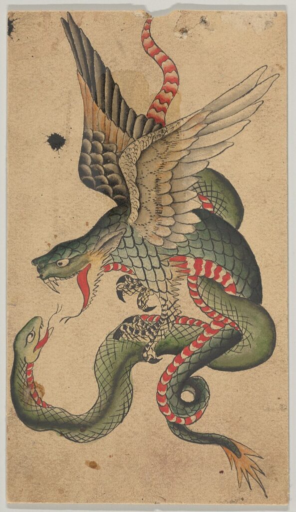Vintage tattoo flash of a dragon and snake inspired by Japanese art