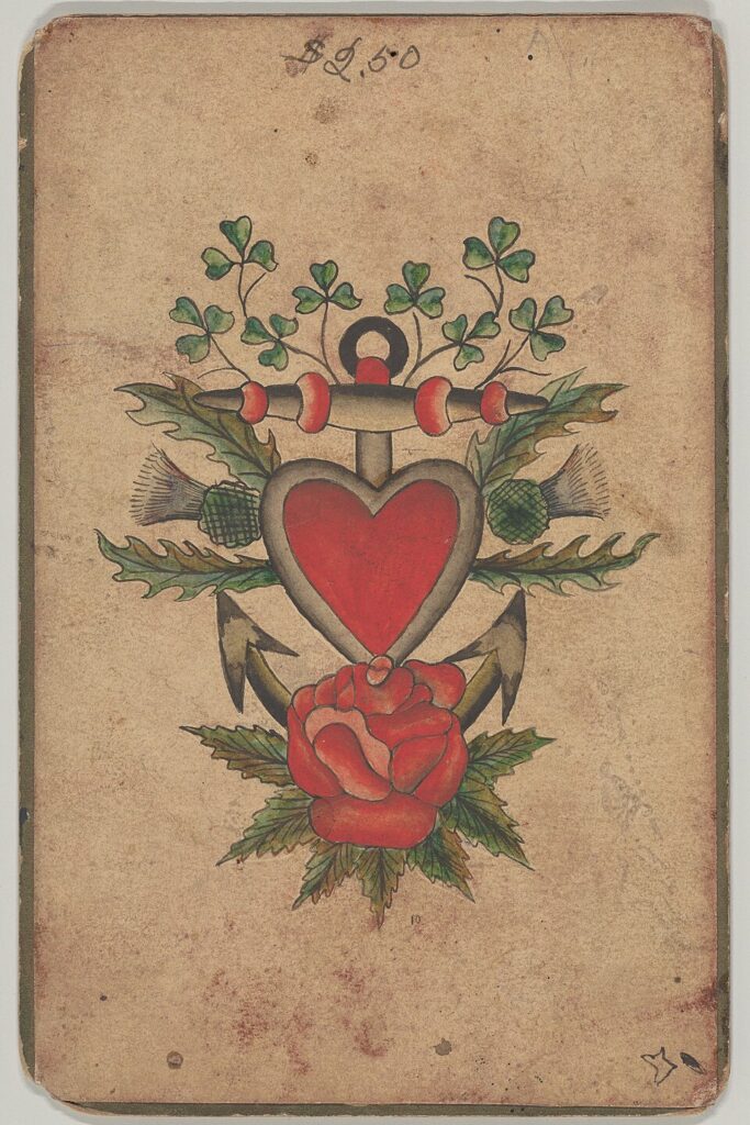 Traditional tattoo flash: vintage heart, anchor and roses