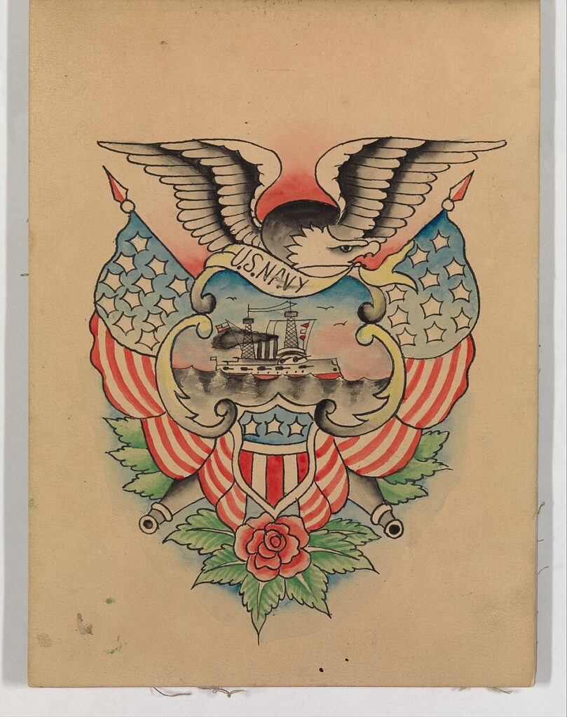 Vintage naval tattoo flash with an eagle and flags