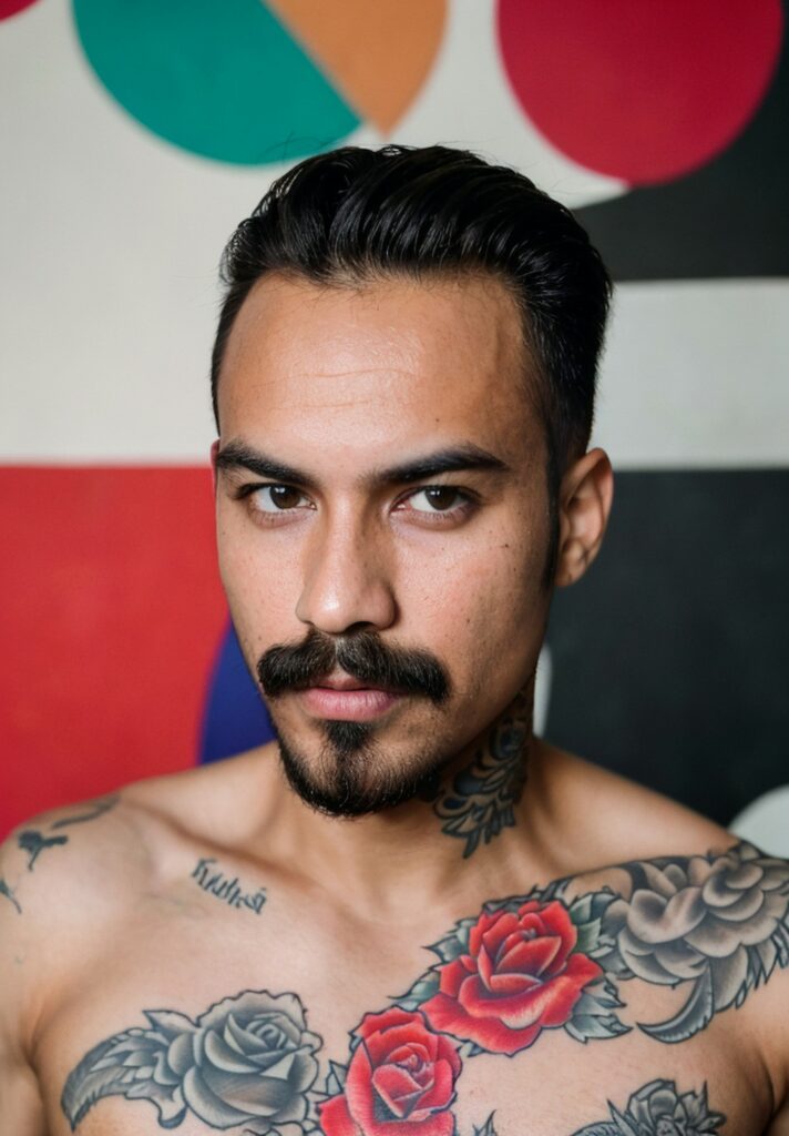 Neck tattoos for men: man with a side neck tattoo and chest tattoos