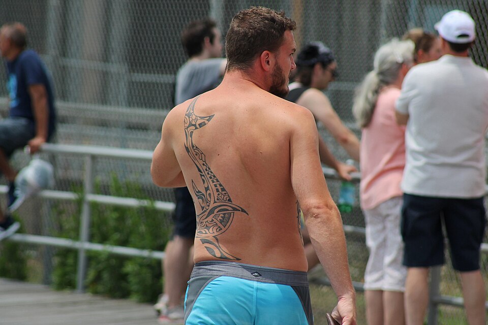 Polynesian style shark tattoo on a man's back