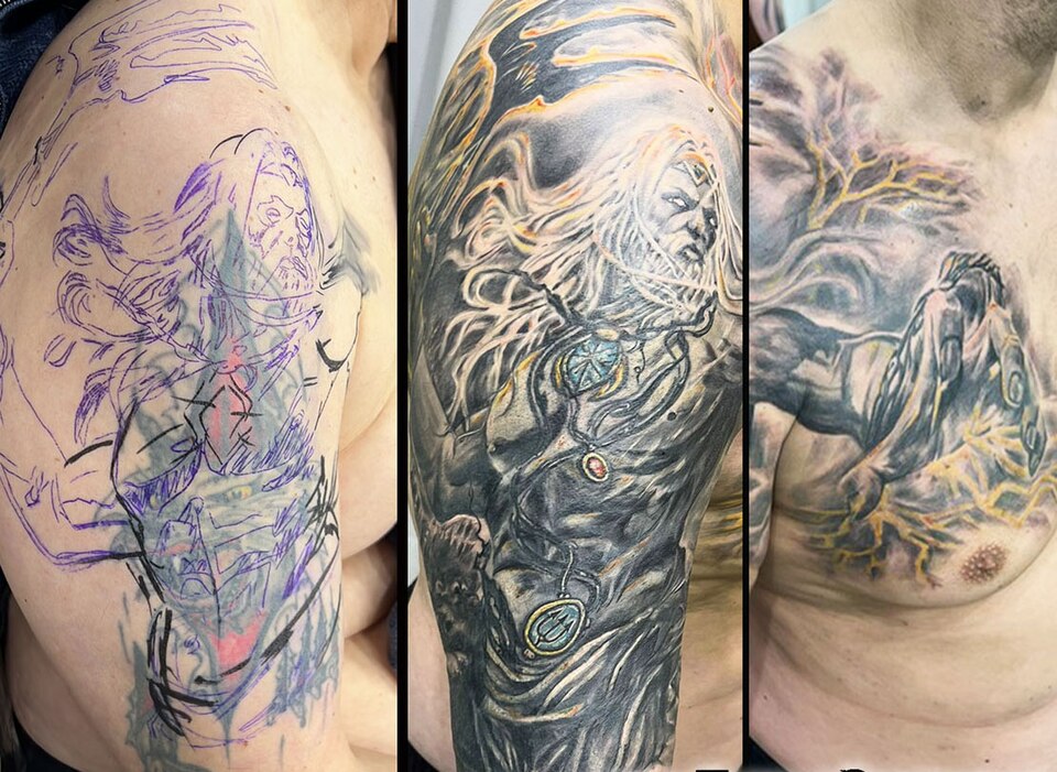 Poseidon Over an Old Arm Tattoo