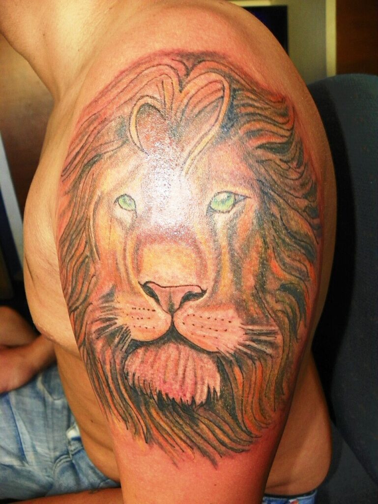 Realistic color lion head tattoo