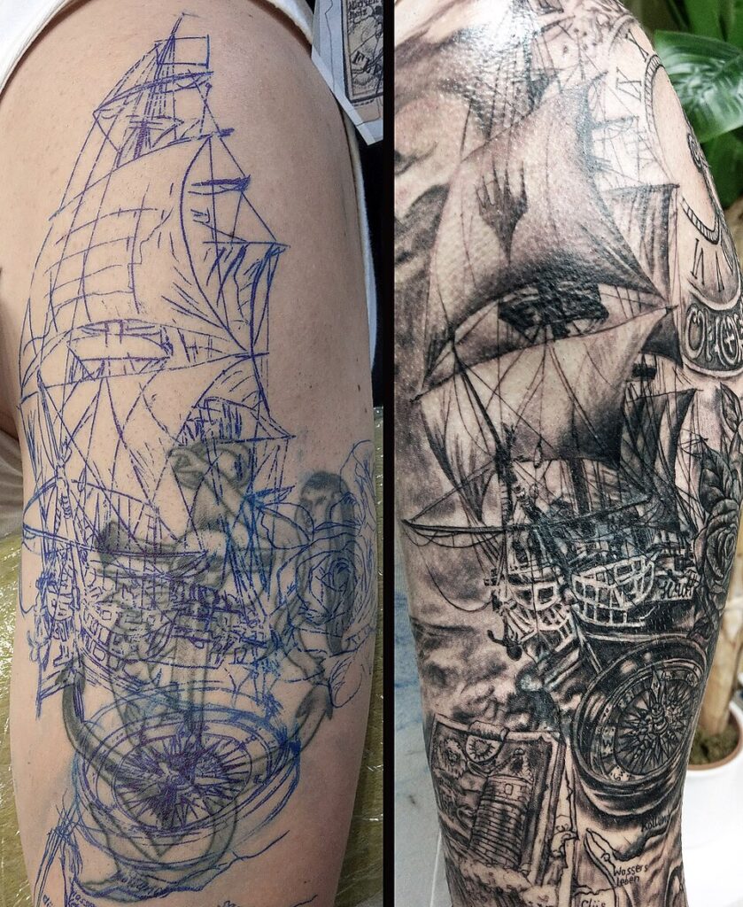 Before and after sailing ship cover up tattoo