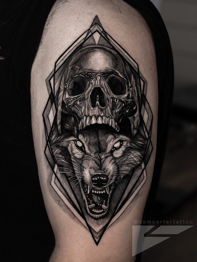 Skull and wolf black and grey tattoo