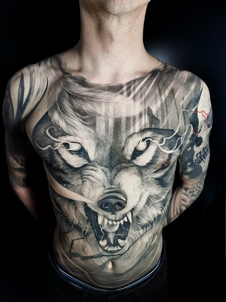 Large snarling wolf tattoo across the chest and stomach