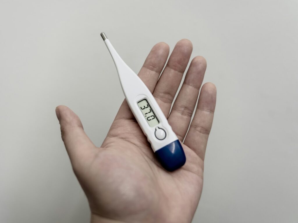 Digital thermometer held in a hand to check for fever