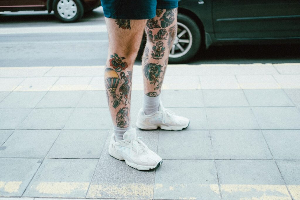 Traditional tattoos covering both lower legs