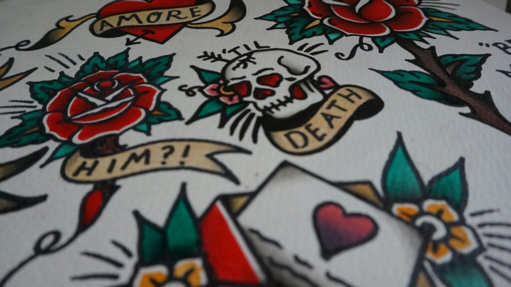 American traditional tattoos flash sheet with classic colorful designs