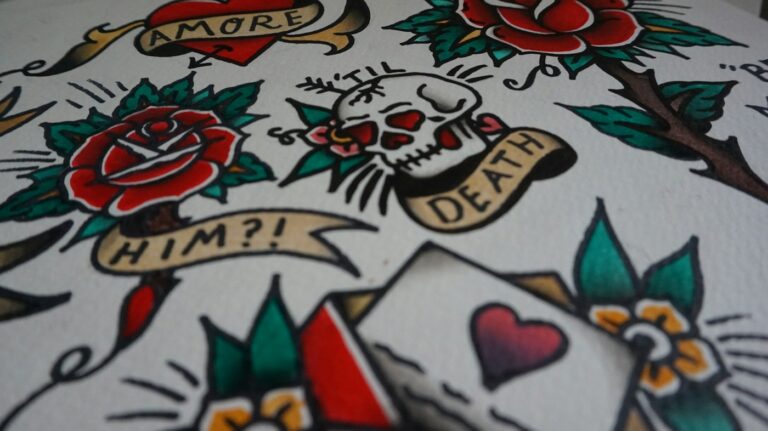 American traditional tattoos flash sheet with classic colorful designs