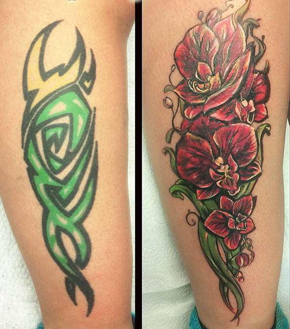 Green tribal tattoo covered with colorful orchids, before and after