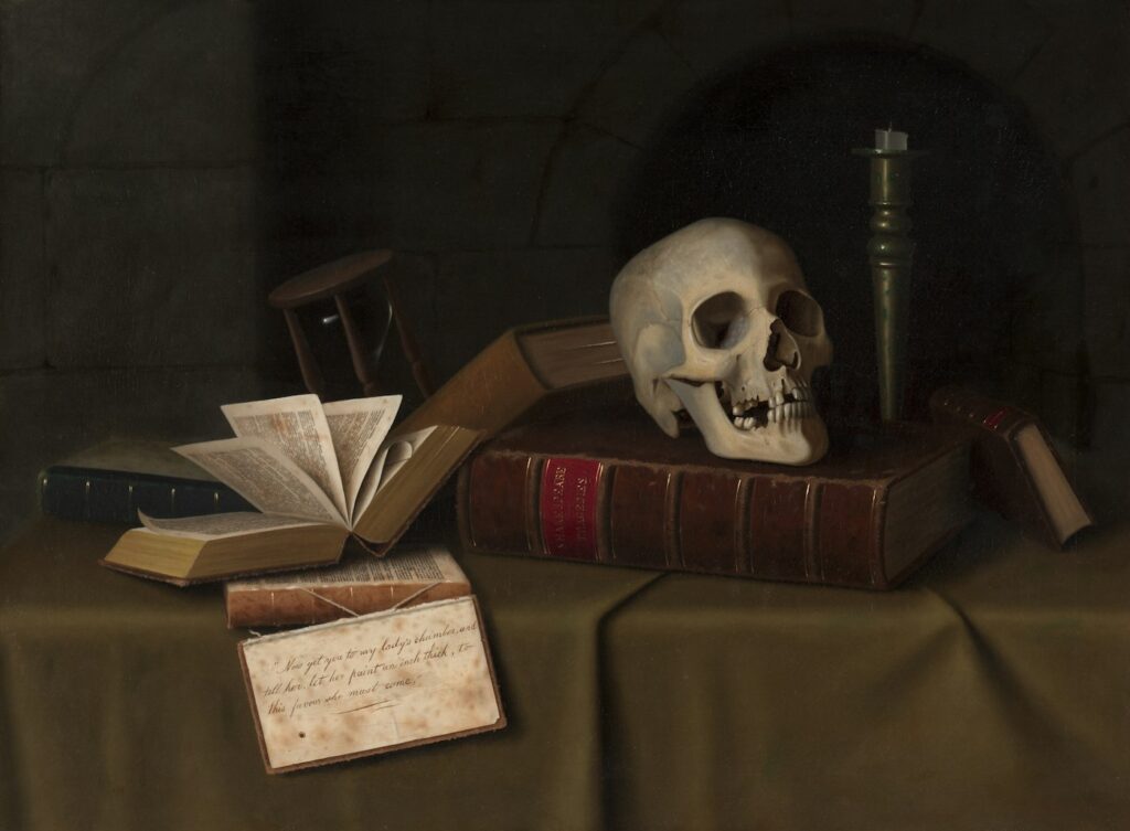 Vanitas still life painting with a skull, books and hourglass