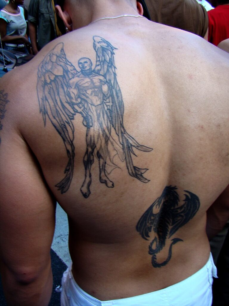 Warrior angel tattoo on a man's back