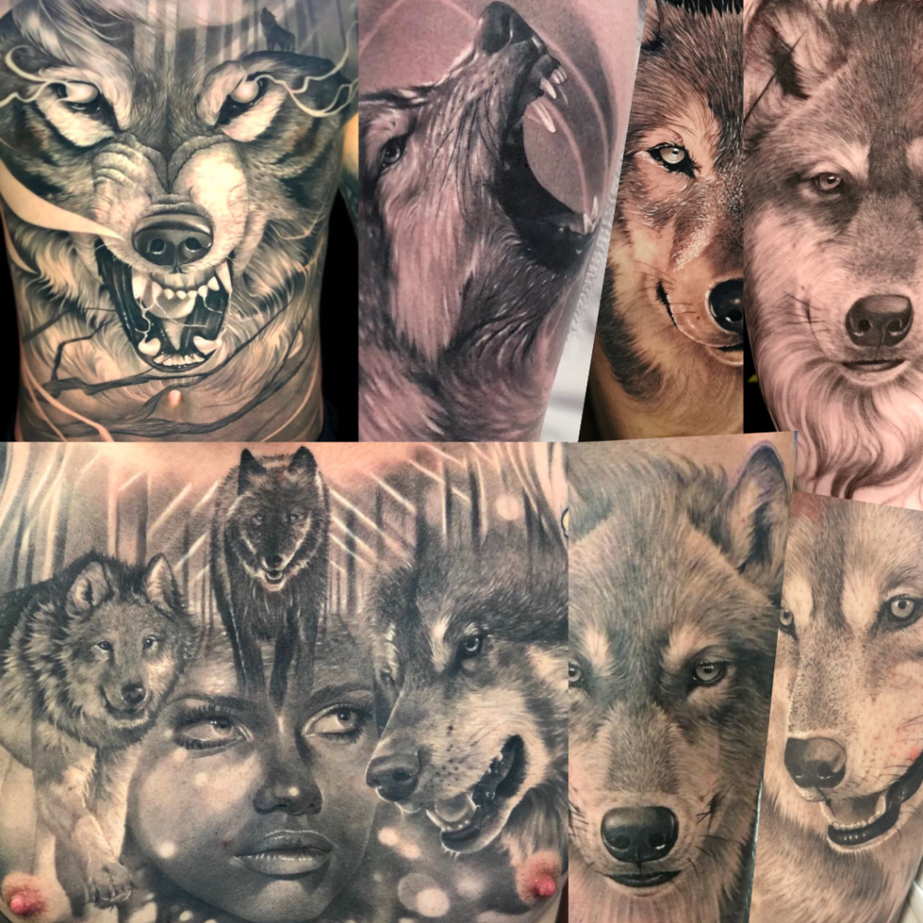 Collection of realistic wolf tattoos including a howling wolf and wolf pack
