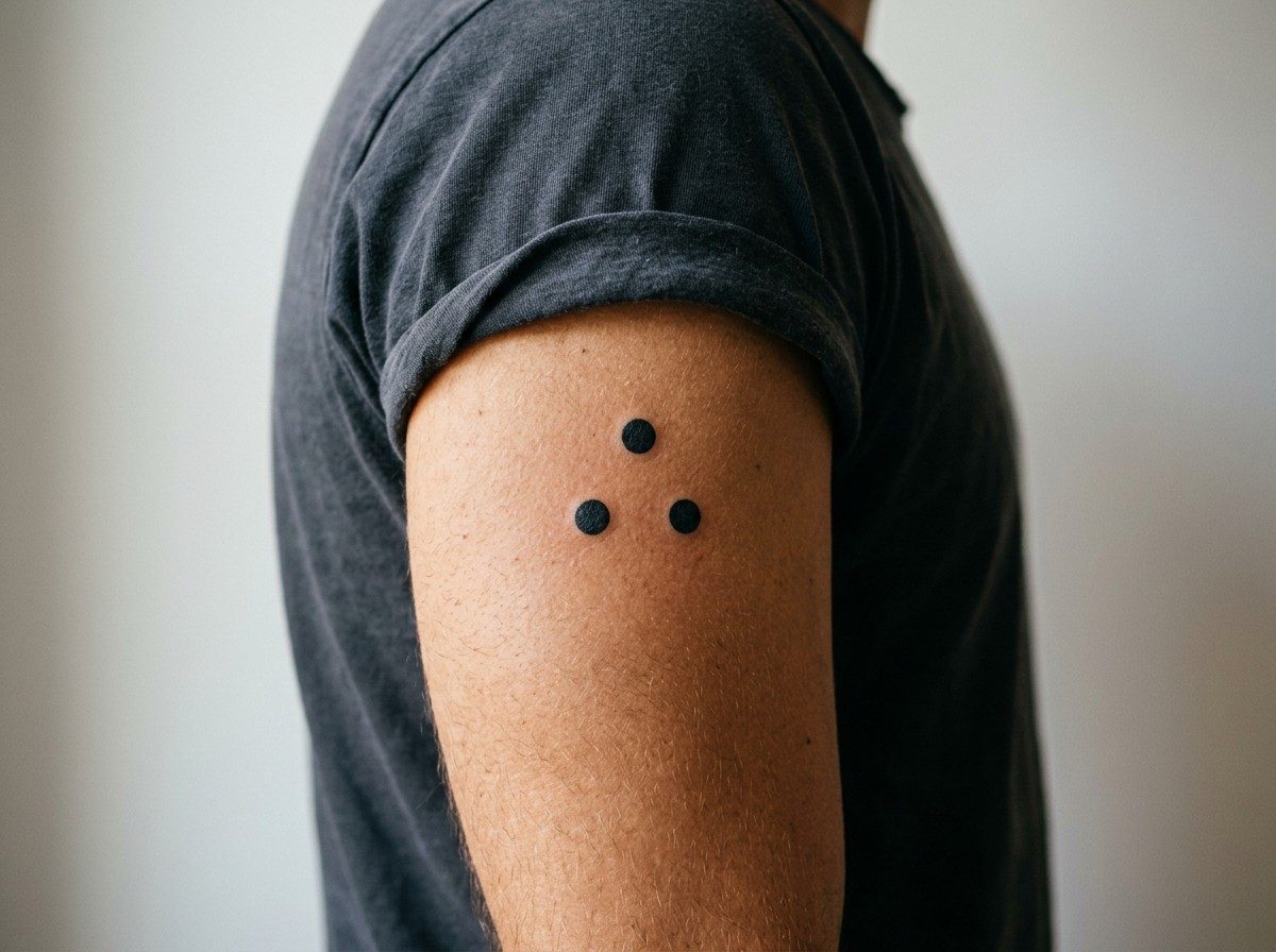 3 dot tattoo meaning: bold dot triangle on the upper arm
