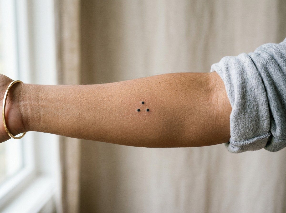 3 dot tattoo meaning: three dots in a triangle on the inner forearm