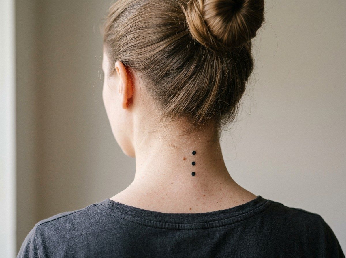 3 dot tattoo meaning: vertical dots on the spine on the back of the neck