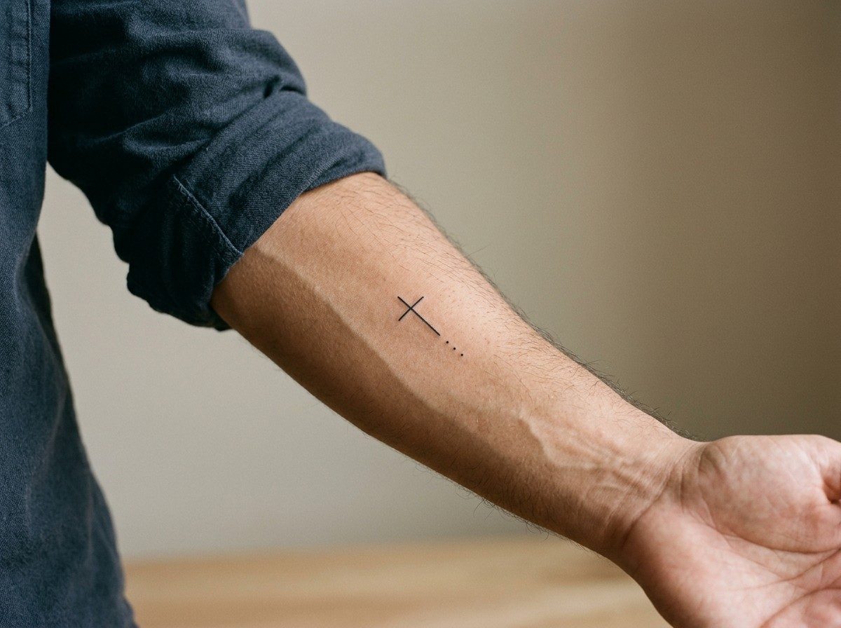 3 dot tattoo meaning: dots with a cross on the forearm