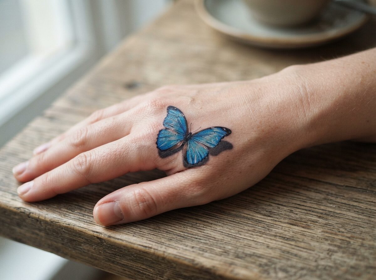 3D blue butterfly tattoo with a shadow on the back of the hand