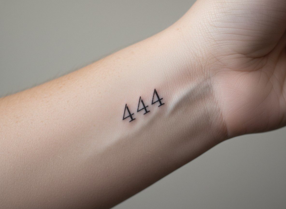 444 tattoo meaning: fine line 444 on the inner wrist