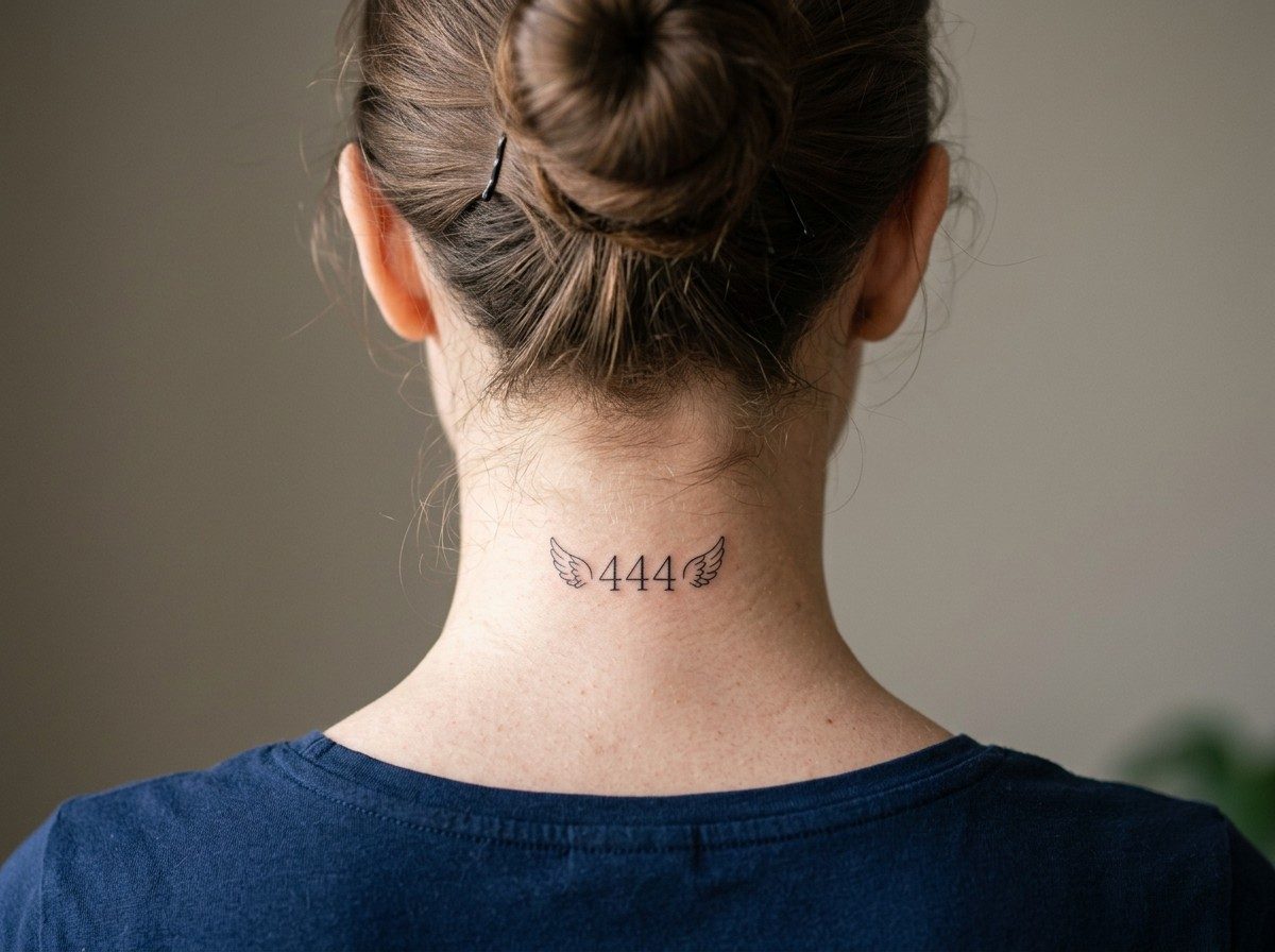 444 tattoo meaning: 444 with angel wings on the back of the neck