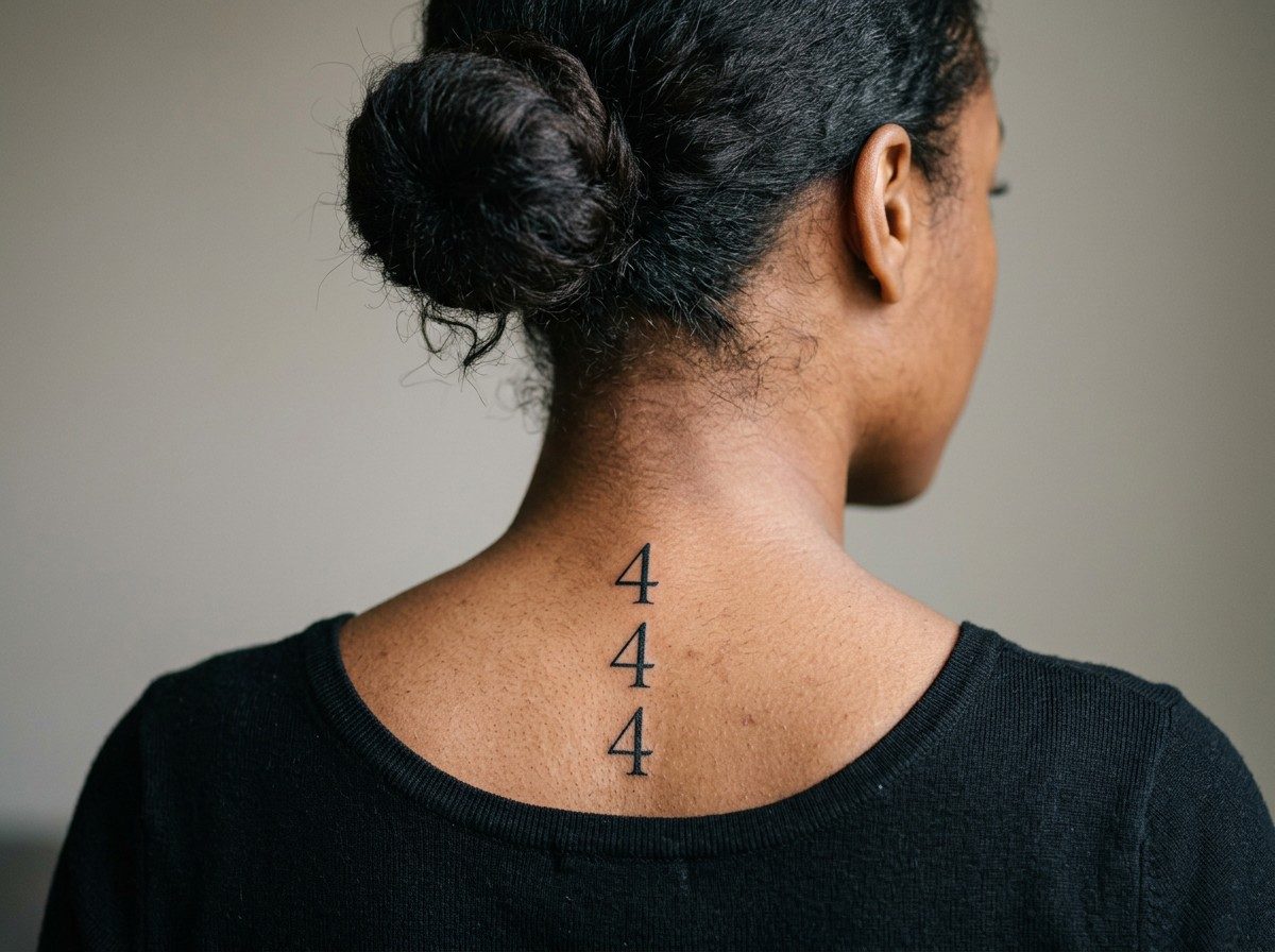 444 tattoo meaning: vertical 444 spine on the upper spine