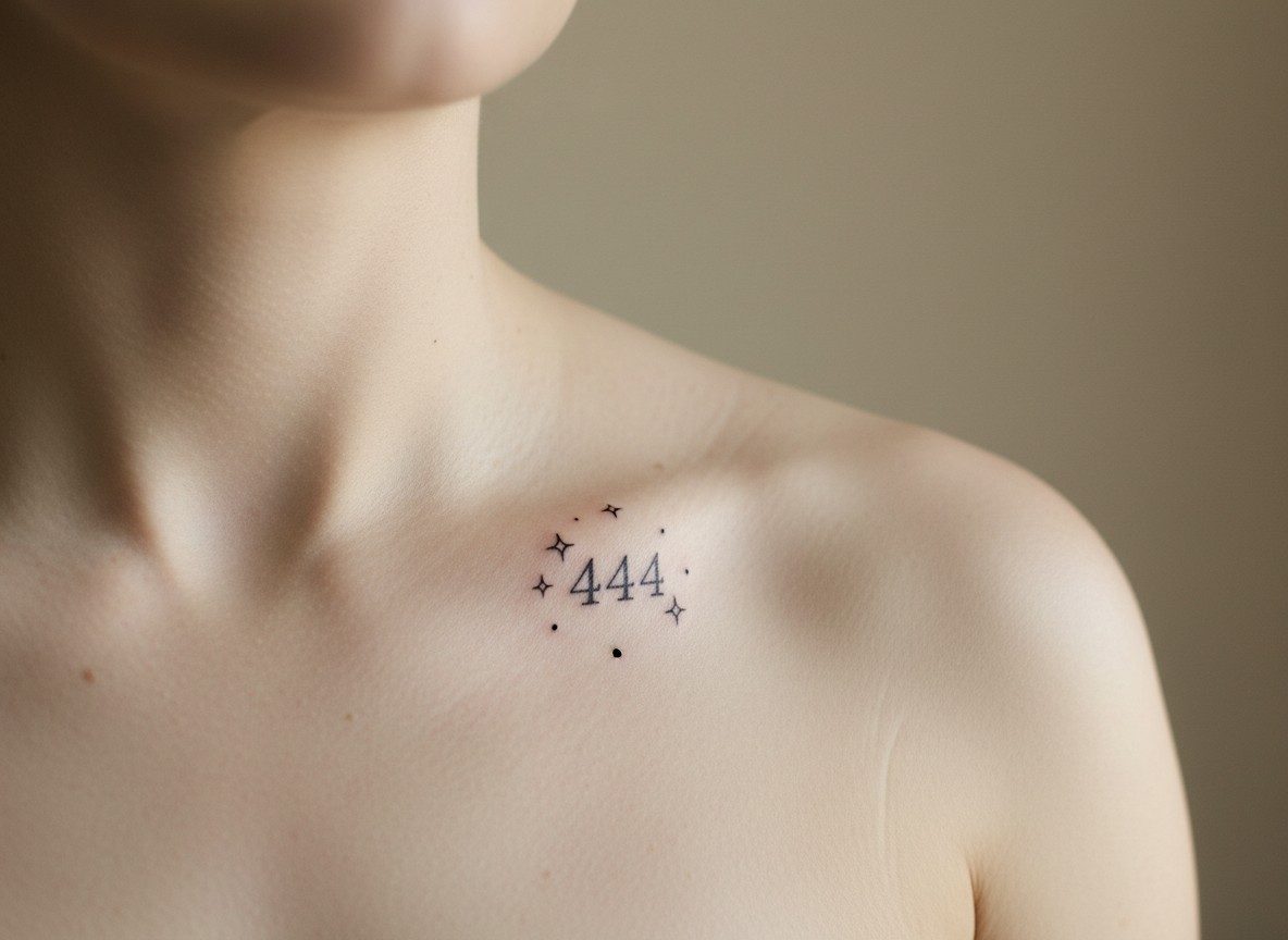 444 tattoo meaning: 444 with stars on the collarbone