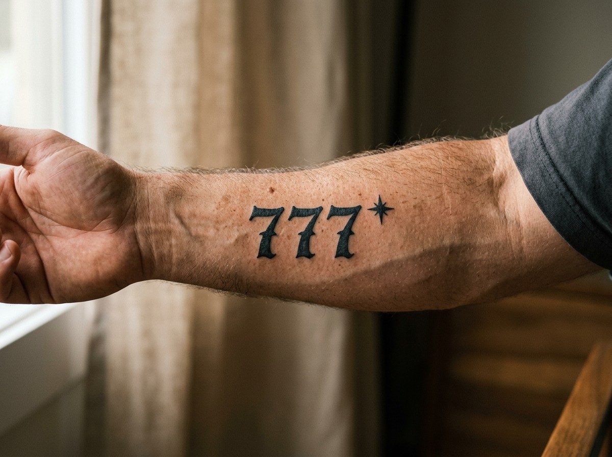 444 tattoo meaning: 777 luck and wisdom on the forearm