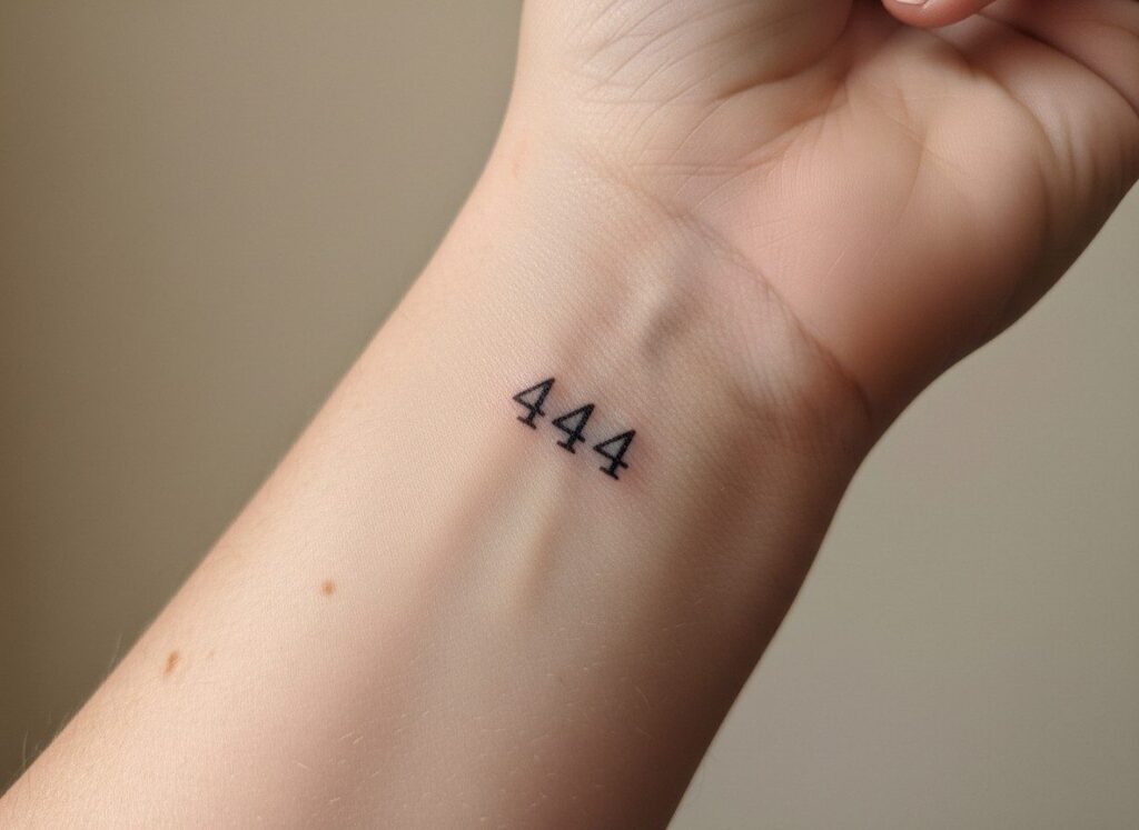 444 tattoo meaning: fine line 444 on the inner wrist