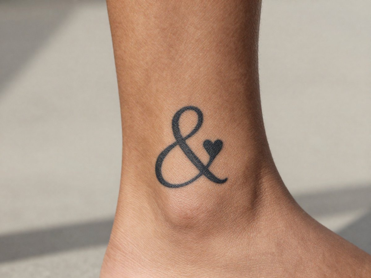 Script ampersand symbol whose loop forms a small heart tattoo on the ankle