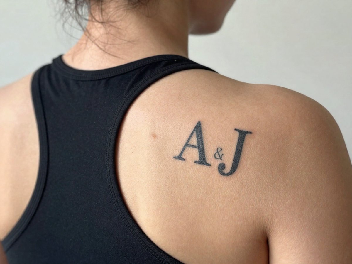 The letters A & J in elegant matching lettering with an ampersand between them tattoo on the back of the shoulder